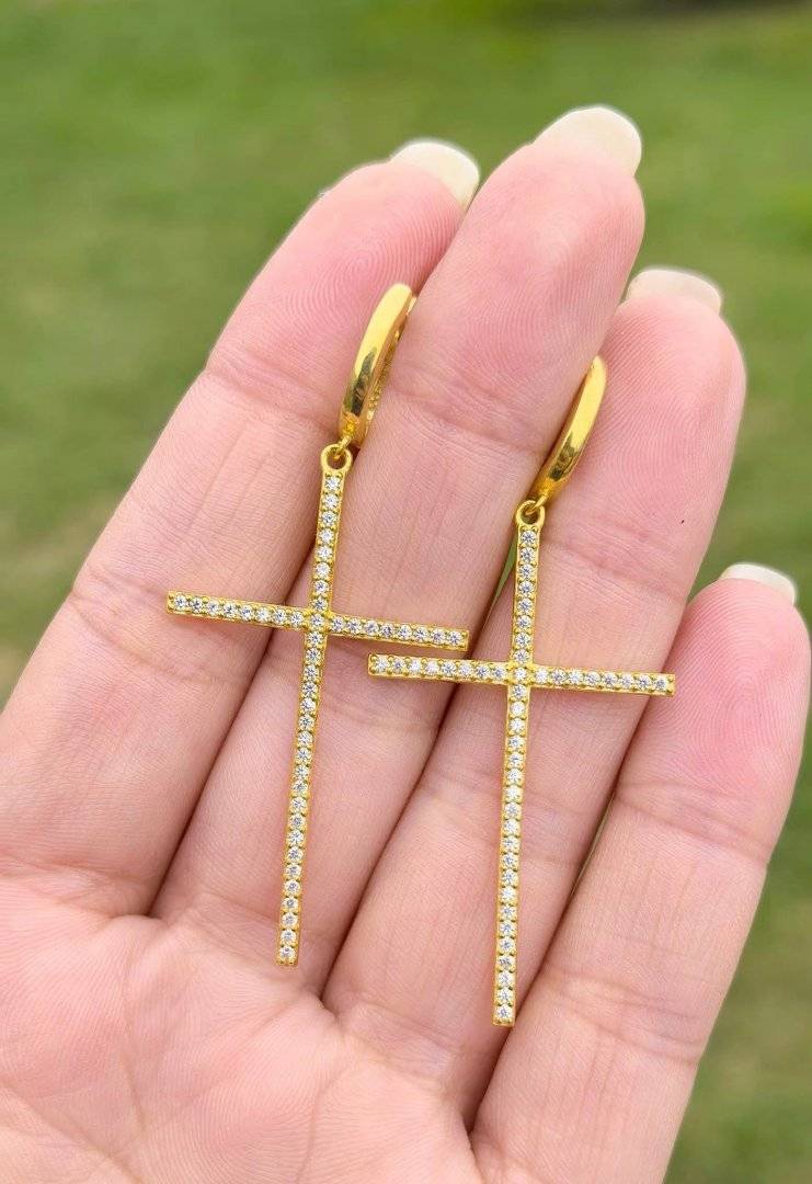 CERCEI CRUCE argint 925 suflat cu aur 14 k. 5 cm 