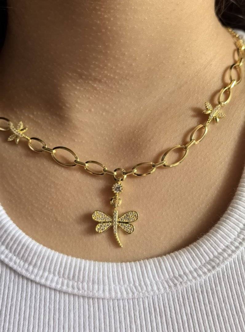 Lant din Argint Argint 925 Libeleula suflat cu aur 14 k